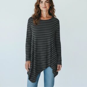 Bryn Walker Asymmetrical Striped Long Sleeve Tunic Top Black Gray XS